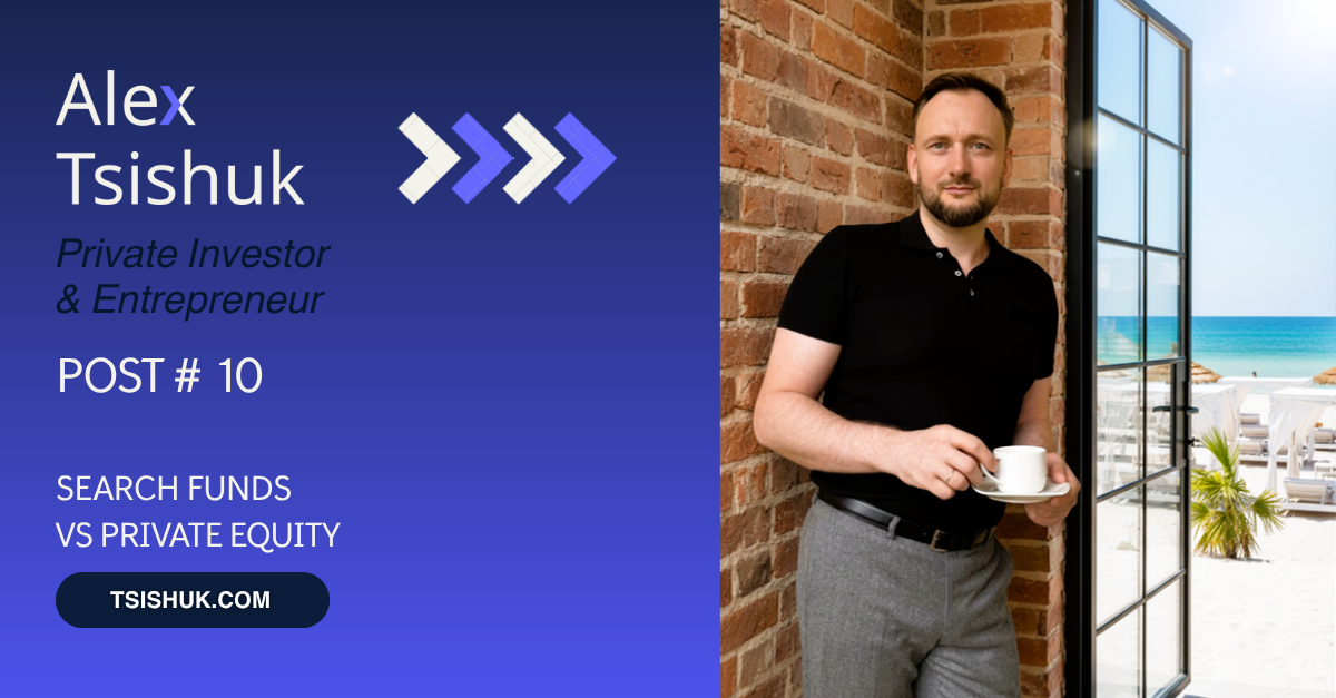 Header image with the title Search Funds vs Private Equity illustrating a comparison of operator-led and private equity approaches to buying SMEs